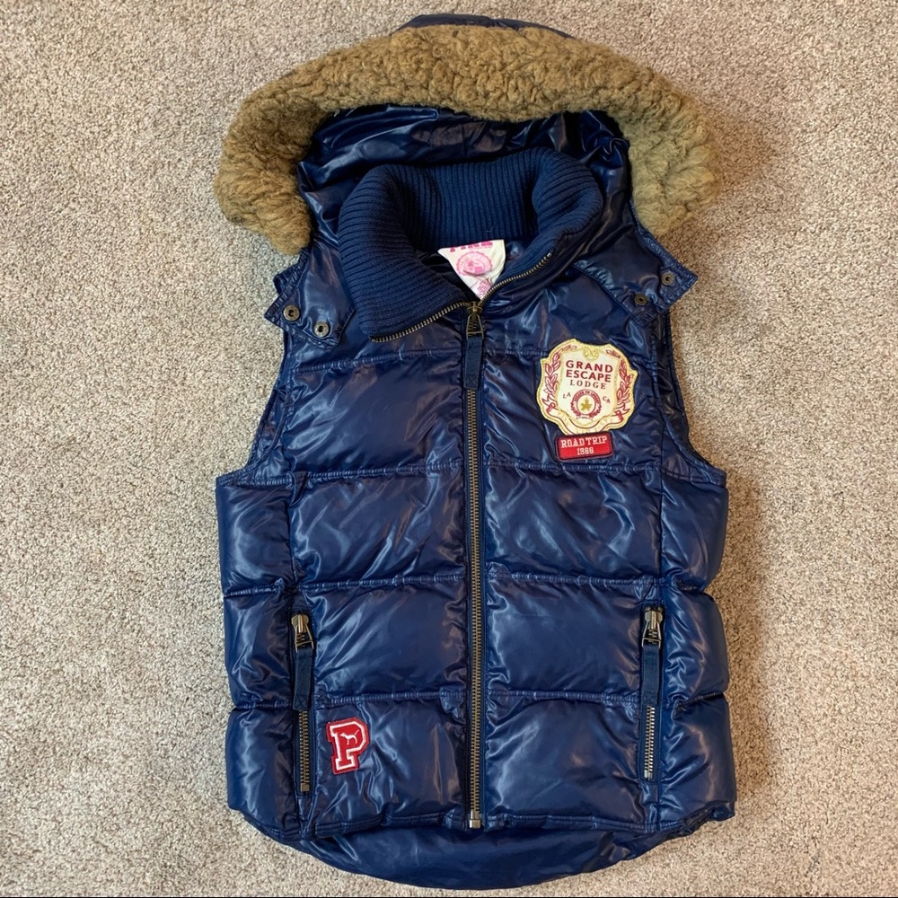 Victoria's Secret PINK Shiny BLUE Hooded PUFFER Campus VEST w Fur trimmed HOOD S